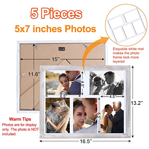 Fikomash Collage Picture Frames Wall Decor With 5 Openings 5X7 Rustic Photo Collage Frame Farmhouse Wood Grain Multi Picture Frame For Wall Mounting Tabletop Display White #TOP4