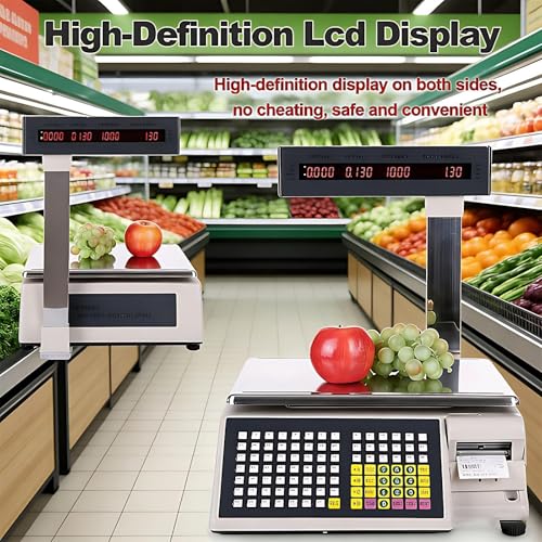Commercial Label Printing Scale with Receipt Printer, Electronic Food Scale for Retail & Market, Dual LCD Displays, 33lb/15kg Capacity, Accurate Weighing Solution.