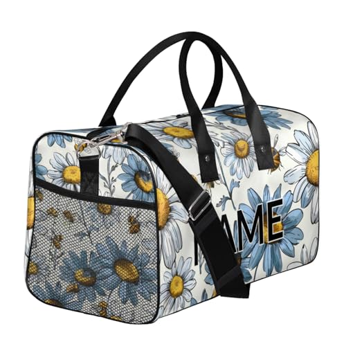 Personalized Floral Daisy Travel Duffel Bag with Name, Custom Gym Sport Bag Yellow Bee Carry On Weekend Overnight Duffel Bag for Men Women3