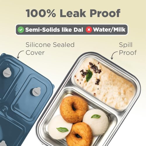 Image of MILTON Meal Safe 2 Inner Stainless Steel Tiffin Box for School with Steam Release Plug | PU Insulated, Leak-Proof, Food Grade I Lunch Box for Kids Boys, Girls with Snap Lock Lid, 465 ml, Navy Blue
