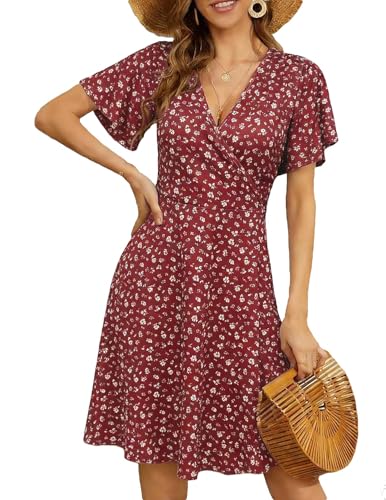 UUAISSO Robe Décontractée pour Femme col V Cache-cœur Robe Fleurie Manches Courtes Robe Midi D'été Trapèze Rouge Bordeaux Fleuri L
