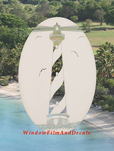 Hatteras Lighthouse Oval Etched Window Decal Vinyl Glass Cling - 10.5" X 16" - White With Clear Design Elements #TOP3