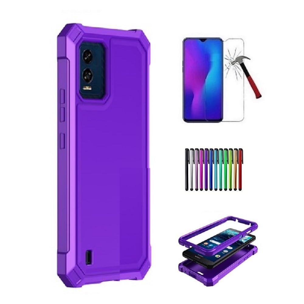 Case for Blu View Speed 5G (Straight Talk, TracFone, Simple Mobile), Full Body TPU Cover Case + Stylus Pen/Tempered Glass (Purple)