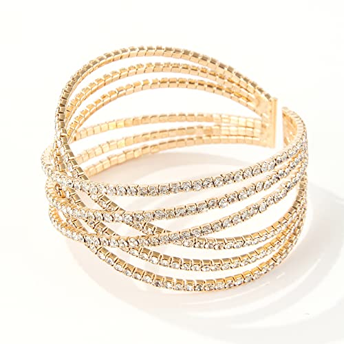 Sparkly Multi-layer Cross Rhinestone Crystal Cuff Bracelet Bangle for Women Costume Jewelry Formal Wedding Party4