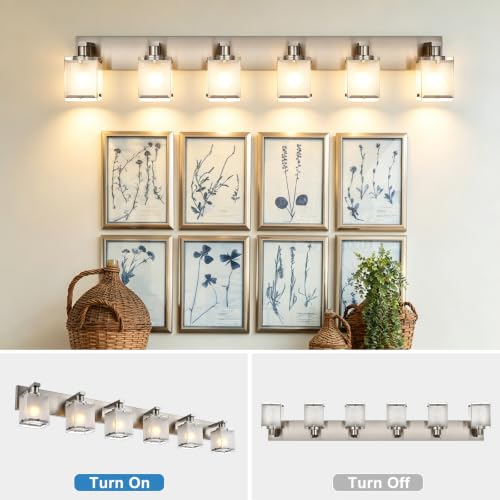 Image of 6-Light Bathroom Light, Brushed Nickel Vanity Light Fixture Over Mirror, Modern Wall Lamp with Rectangular Frosted Glass Shade, Wall Sconce Lighting for Living Room Bedroom Hallway