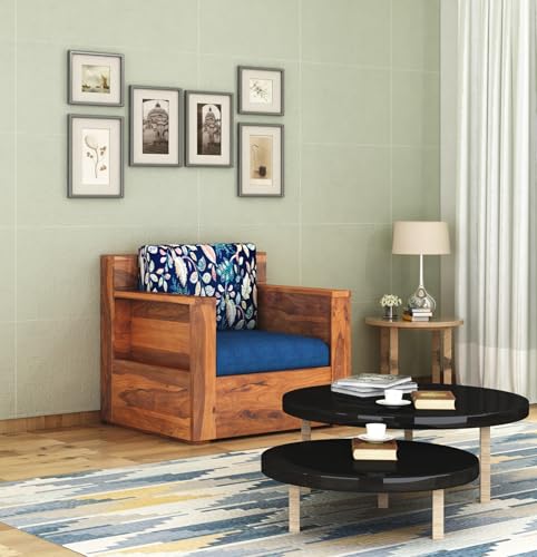 Image of Sheesham Wood 1 Seater Sofa Set with Cushion for Living Room Home Hall Wooden Sofa for Hotel Office (Honey Finish)