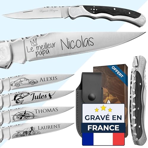 Couteau homme personnalisé - Marque laguiole gravé avec un prénom - Couteau pliant personnalisable - Cadeau Fête des pères - Idée cadeau pour homme, Papa...