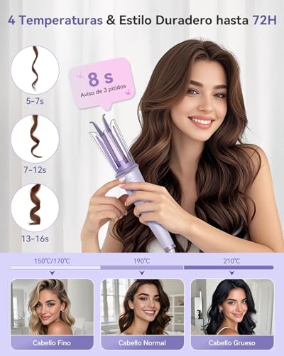 FLYZEMAA Rizador de Pelo Automático, Rizador de Ondas Cerámico 25mm con 4 Temperaturas Ajustables y Protección Anti-Quemaduras, Portátil de Doble Voltaje para Cabello Corto y Largo, Violeta - imagen 5