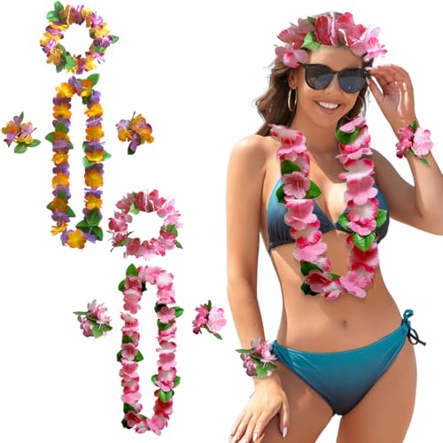 8 Piezas decoración Hawaiana Leis, Collares Hawaianos Flor Hawaiana Pelo, Collares Hawaianos Fiesta Pulseras Diadema, para Fiesta Tropical, en la Playa, Decoracion Carnaval, Vacaciones Fiesta (C)