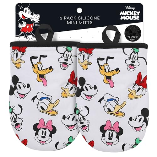 Image of Disney Mickey & Friends Mini Oven Mitts, 2-Pack, Heat Resistant 450F | Compact 5.5 inchx7.5 inch pot holders for kitchen, printed silicone offers non-slip grip, ambidextrous, hand wash or spot clean