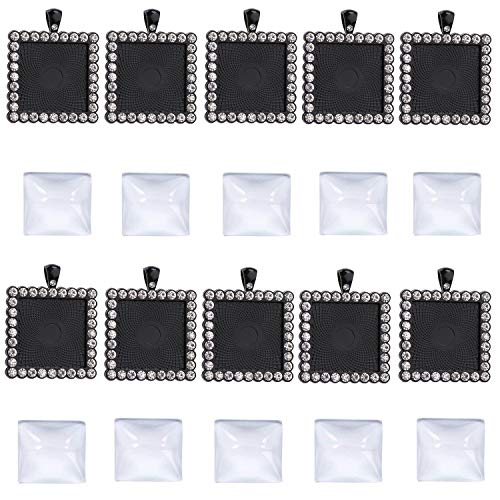 Pinhoollgo 20 Pcs Rhinestone Bezel Pendant Trays Set,10 Pcs Black 25mm Square Bezel Pendant Trays Blank Bases with 10 Pcs Clear 25mm Square Glass Cabochons for Photo Pendant DIY Jewelry Craft Making