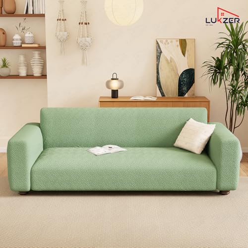 Image of Lukzer 2 Seater Pastel Green Grid Maze Pattern Sofa Cover | 240 GSM Universal Stretch Fit Jacquard Fabric Couch Protector | Fully Covered Anti Slip & Washable Sofa Cover (140-180cm /SC-107-02)