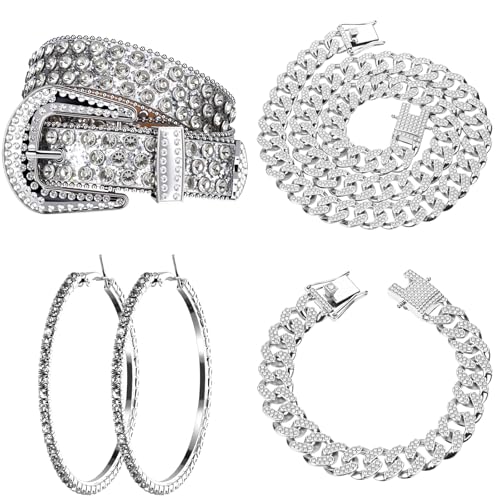 4 Pcs Women Rhinestone Jewelry Denim Accessories Set, Women's Rhinestone Bling Belt Shiny Hoop Earrings, Necklace and Bracelet for Wedding Halloween