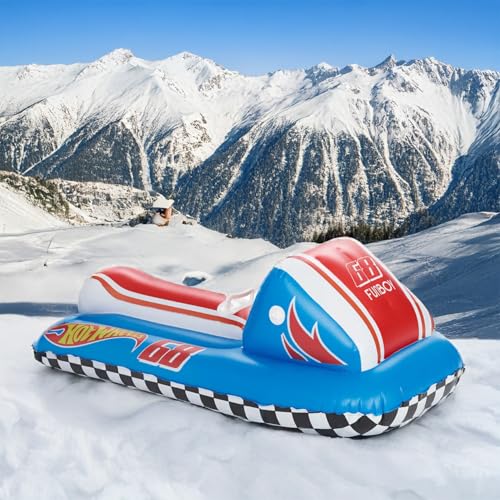 FUNBOY & Hot Wheels 50\" Kids Inflatable Skimobile Winter Snow Sled, 1-2 Riders with Grooved Rubber Base Tracks, 2 Handles, and Hand Pull Rope - Thumbnail 2