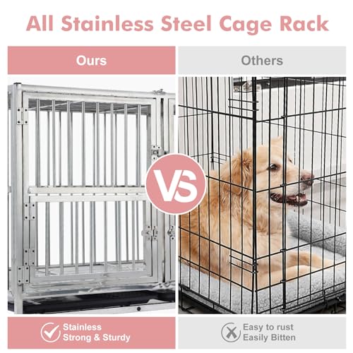 48-in Heavy Duty Dog Crate Cage Kennel with Wheels, Full Stainless Steel High Anxiety Indestructible Dog Crate, Sturdy Locks Design, Double Door Small Door Design & Removable Tray Design Silver