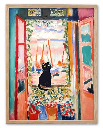 Cadre en bois de chêne avec toile d'art Matisse et illustration chat noir premium