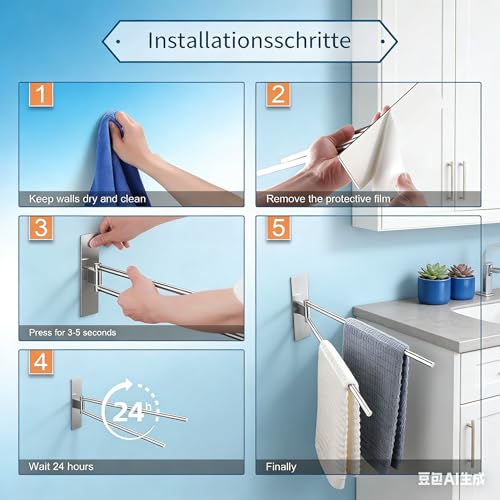 Handtuchhalter Ohne Bohren, Doppelträger Handtuchstange Schwenkbar 180°, Handtuchstange für Badezimmer Upgrades (Silber)