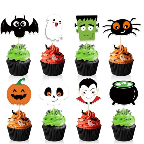 24 PCS Halloween Happy Birthday Cupcake Toppers Halloween Party Decorations Cake Decor Cupcake Decorations Cake Decorating Party Supplies Decor for Baby Shower Boys Girls