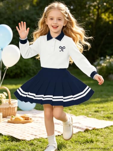 Image of Betusline Girls Skirt Set Long Sleeve Polo & Pleated Skirt, 4-14Y