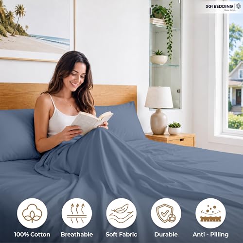 Image of SGI bedding 100% Egyptian Cotton Sheets Full XL Size - 600 Thread Count Sheets Set, Soft, Cooling, 15 inch Deep Pocket, Luxury Hotel Bedding, Breathable, Durable - Mediterranean Blue