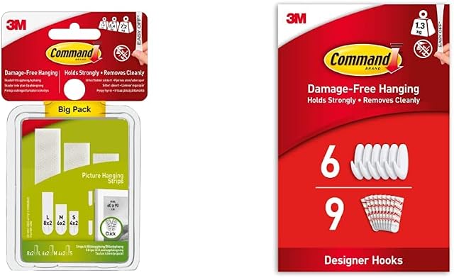 Command Picture Hanging Strips, Value Pack - 8 Sets L & Designer Hooks - Medium - White - Pack of 6 Hooks and 9 Medium Strips for Indoor Use - Organise Without Damage