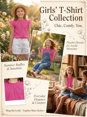Image of Arshiner Girls Ruffle Short Sleeve Shirts Cute Summer Frill Neck Pleated Textured Blouse Tops