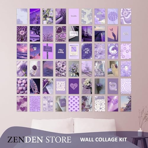 Image of ZENDEN STORE Pack of 54 Aesthetic Lavender Wall Collage Kit Posters - 4x6 Inch, 300 GSM Matte Cardstock with 300+ Glue Dots - Pastel Wall Decor for Bedroom, Dorm, Office