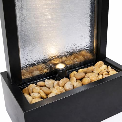 Image of Alpine Corporation MLT170S 48 inch Indoor Outdoor Waterfall Fountain with LED Light Modern Glass & Aluminum Black Wall Water Feature for Home, Patio, Garden Decor Soothing Cascading Indoor Water Fountain