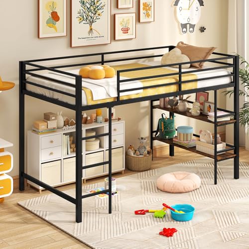 Giantex Low Loft Bed Twin Size, Heavy Duty Metal Frame w/Storage Shelves, Ladder & Full-Length Guardrails, Ample Under-Bed Space, Kids Loft Bed with Stairs for Boys Girls Junior, No Box Spring Needed