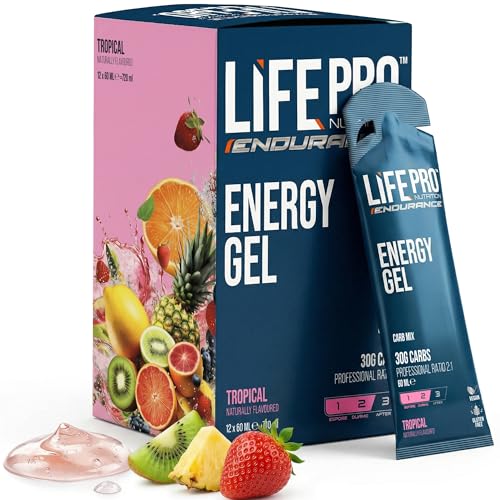 Life Pro Endurance Energy Gel 12X60Ml   Potente Fuente de Carbohidratos y Electrolitos para Rendimiento Superior en Deportes de Resistencia, Ideal para Ciclistas y Corredores (Sin cafeína, Tropical)