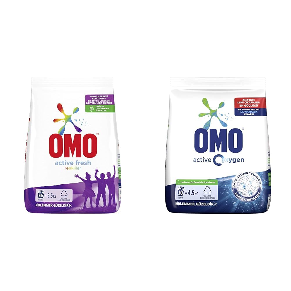 Omo Active Fresh Renkliler için 36 Yıkama Toz Deterjan (1 x 5500 g)(1) Omo Active Oxygen Toz Çamaşır Deterjanı Beyazlar için, 4.5 kg(1)