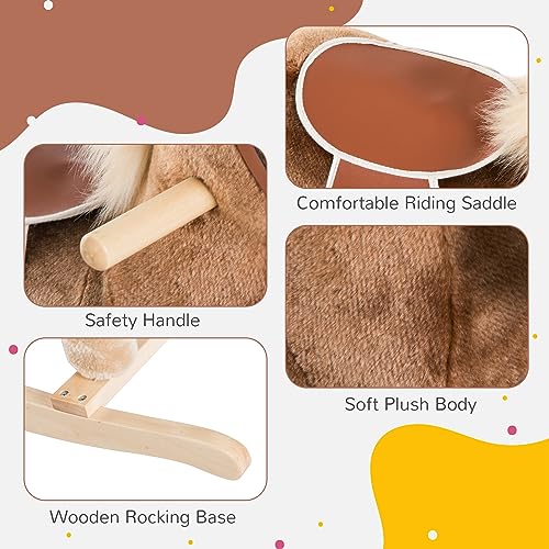 image for Qaba Kids Rocking Horse, Plush Toddler Rocker, Wooden Base Ride-On Toy