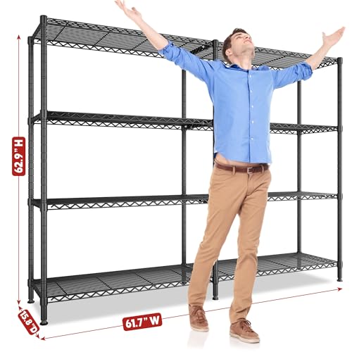 Image of REIBII 61.7''W Storage Shelves Load 1220LBS Wire Shelving Unit 4 Tier Metal Shelving for Storage Rack Shelves Heavy Duty Garage Shelf Pantry Shelves Kitchen Shelving, 61.7 inch W*62.9 inch H*15.8 inch D, Black