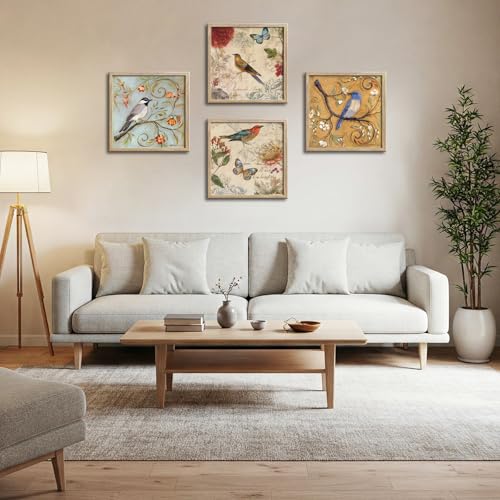 Image of Large Framed Flowers Birds Canvas Wall Art for Bedroom Floral Wall Decor Butterfly Picture Artwork Vintage Prints Paintings for Living Room Bathroom Kitchen Decorations 16 inchx16 inch