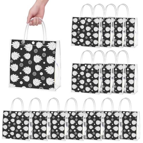 PLUVAVA 16 Pieces Volleyball Clear Gift Bags Scoccer Transparent Treat Goodie Bags Sport Clear PVC Snack Bags with Handles for Sports Team Birthday Holiday Party Decorations Supplies (Volleyball)