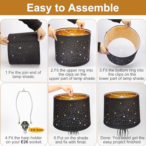 Image of Black Drum Lampshades Set of 2 with Sky Stars Design, 11.6 inch x 12.6 inch x 9.8 inch | Fabric Lamp Shades for Table Lamps, Floor Lamps, Modern Lampshade for Bedroom, Spider, Harp Holders Included, Easy Assembly