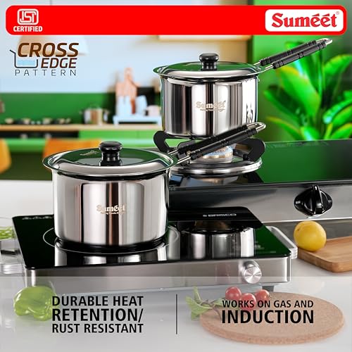 Image of Sumeet ISI Certified HeavyPly Premium Stainless Steel Cross Edge Induction & Gas Stove Friendly Saucepan /Milk Pan /Tea Maker with Lid - 1900ml
