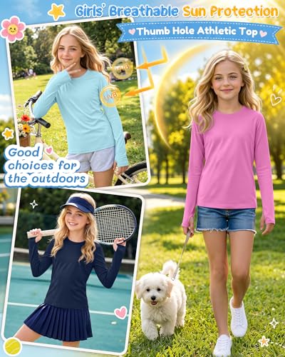 Image of 3 Pack Girls' Rash Guard Swim Long Sleeve Shirt UPF 50+ UV Sun Protection Quick Dry Tee with Thumb Holes 5-14Y