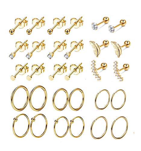 LOYALLOOK Tiny 2mm Stainless Steel Small Stud Earrings for Men Women Small CZ Round Ball Hoop Earrings Set Tragus Helix Piercing Earrings