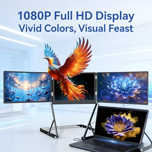 Image of Multi Screen Laptop Attachment, 15.6 inch Portable Tri-Fold Monitor with 1080P FHD IPS Display, Turns One Laptop Screen into Three, Easy Plug and Play, Adjustable Angles for Mac and Windows