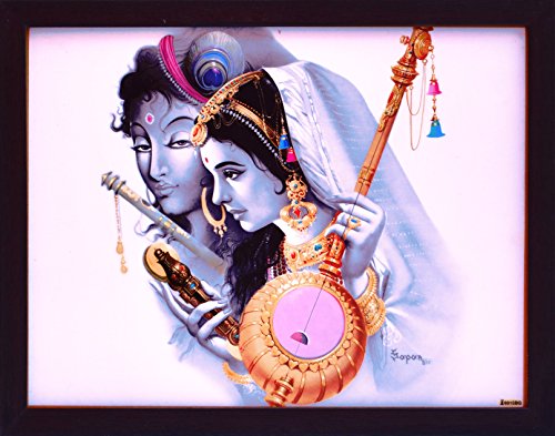 HandicraftStore Lord Krishna with Meera and Meera Playing Musical Instrument, A Elegant, Decorative, Religious Picture Poster with Frame, Must for Office/Home and Religious Purpose