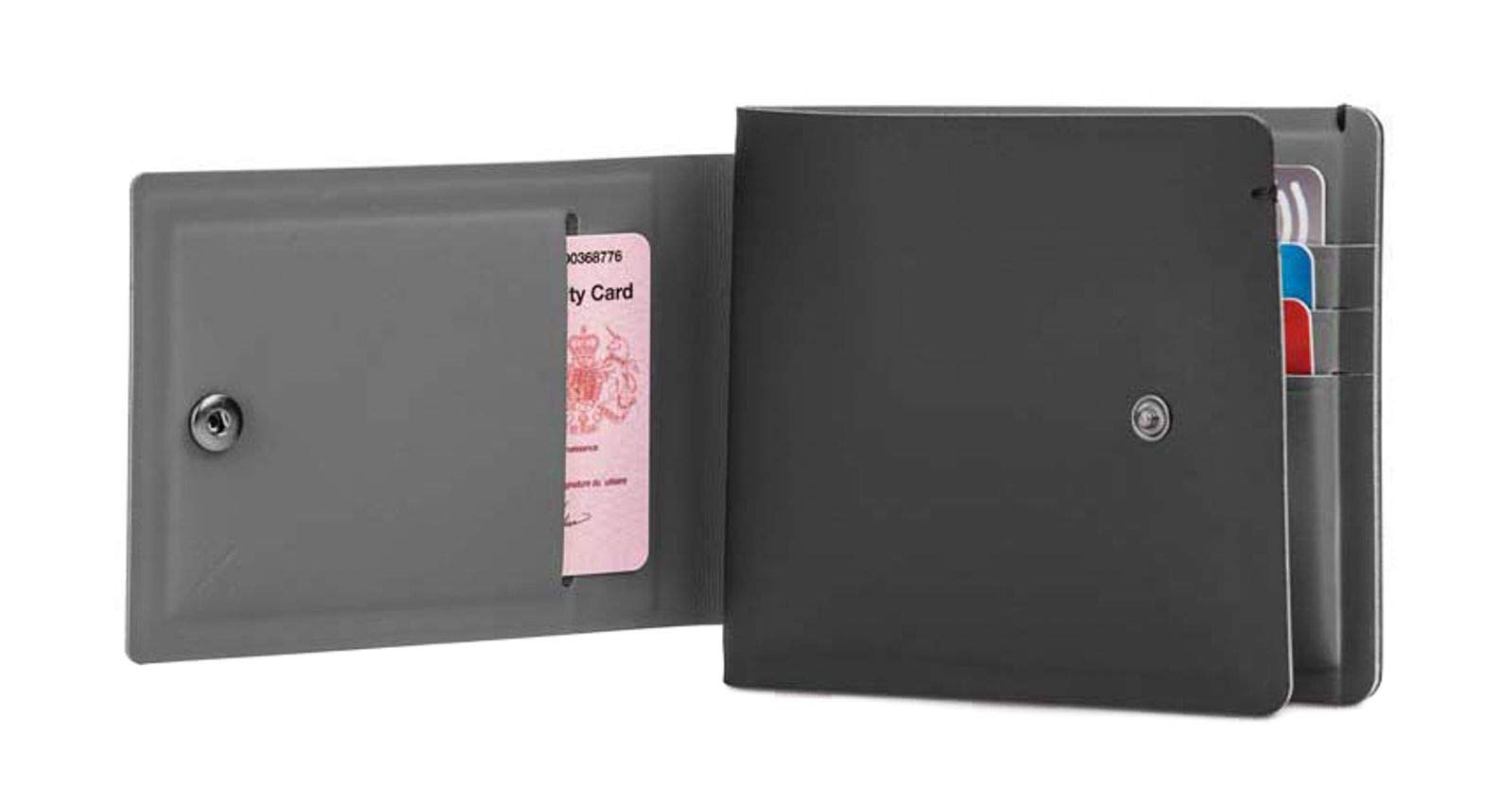 Pacsafe RFIDsafe TEC Bifold Wallet Plus für bis zu 13 Kreditkarten, 7 Easy Access Steckfächer, Portemonnaie mit Anti-Diebstahl Schutz, schmaler PU Geldbeutel, Geldbörse mit RFID, Schwarz/Grau