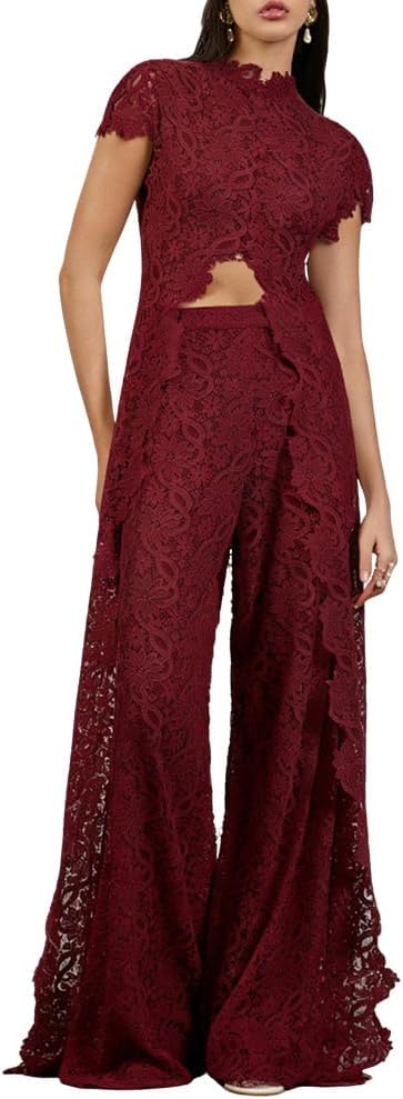 2 Piece Sets for Women Dressy Asymmetrical Lace Top and Wide Leg Pants Date Outfits