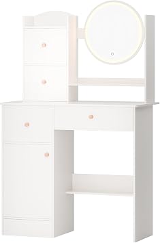 Makeup Vanity Desk with LED Lighted Mirror, Vanity Table1 Door, Opening Shelves, Bedroom Dressing Table White