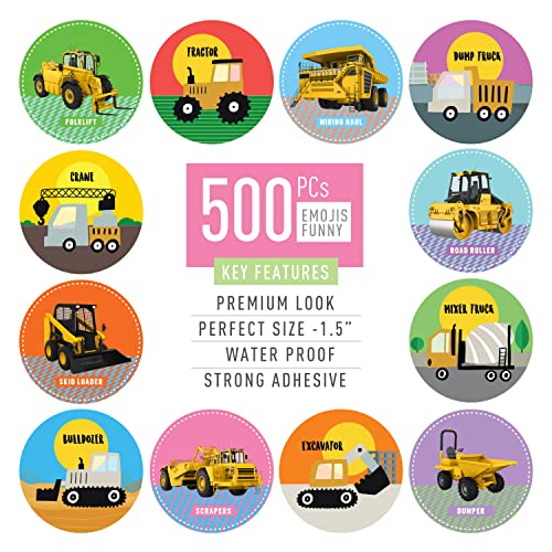 Easykart Truck Stickers For Kids, Construction Stickers 500Pcs, 12 Different Truck Vehicle Stickers, Tractor Stickers For Home, Birthday, Party, School Activity (1.5 Inch Round) #TOP1