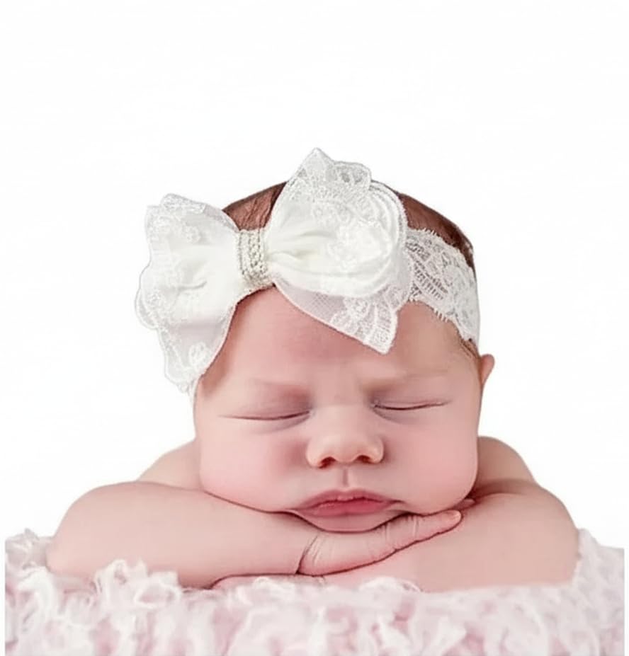 EvoNest White Crystal Lace Bow Headband | Premium & Stylish Hair Accessory for Baby Girls (6-12M) - White-image-25