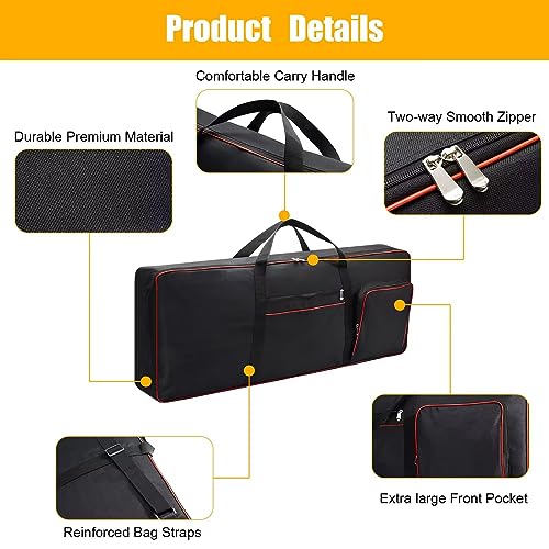 61 Key Keyboard Case,Electric Keyboard Bag Piano Gig Bag,Waterproof Keyboard Cover,600D Oxford Cloth Keyboard Carrying Case with 10mm Cotton Padded Keyboard Case Bag.40.1"x15.7"x4.7 Black+Red - Thumbnail 5