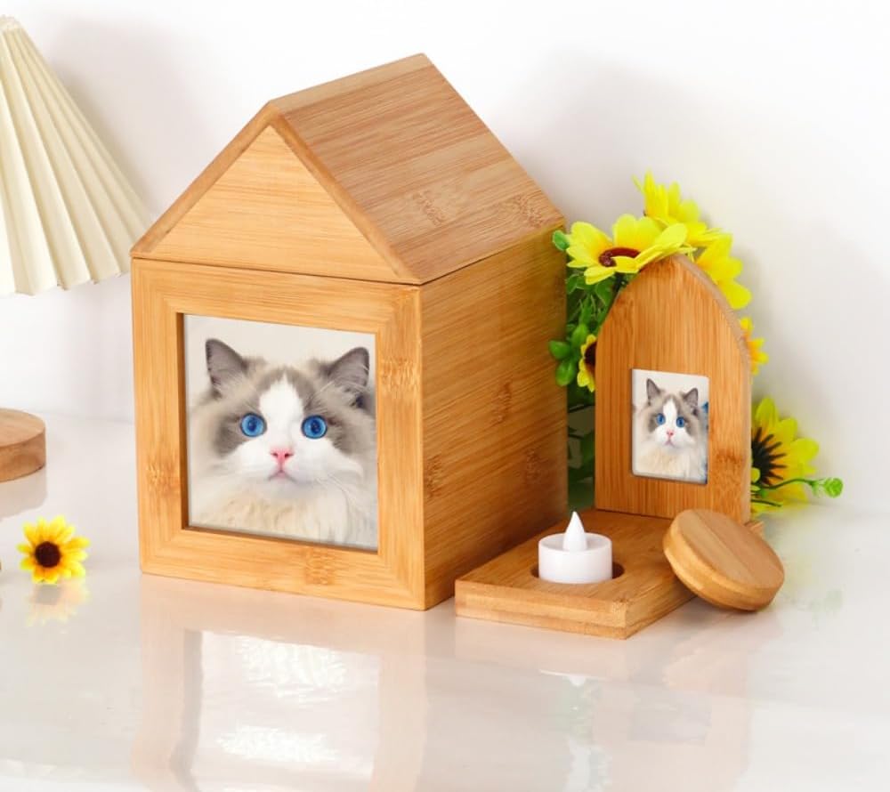 Pet Memorial Urns for Dog Cat Ashes, Large Bamboo Funeral Burial Cremation Urns with Personalized Photo Frame, Memorial Keepsake Memory Box, Album Layout Animal Urns for Ashes (Small,Box&Ornament)