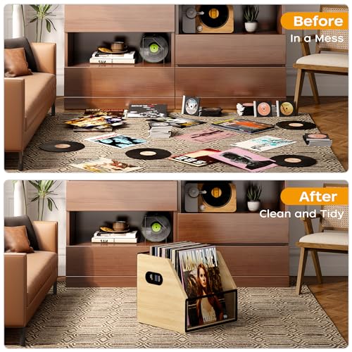 Homeiju Vinyl Record Storage - Metal & Wooden Record Crate, Holds up to 60 Albums, Beige