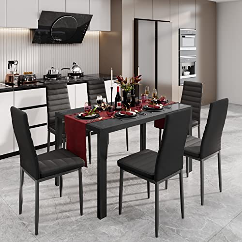 Gizoon Glass Dining Table Sets For 6, 7 Piece Kitchen Table And Chairs Set For 6 Person, Pu Leather Modern Dining Room Sets For Home, Kitchen, Living Room Black #TOP7